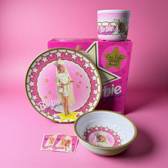Vintage Barbie Dinnerware Set 1993 3 Pieces Plate-Bowl-Cup NB110 - New in Box - Picture 1 of 11